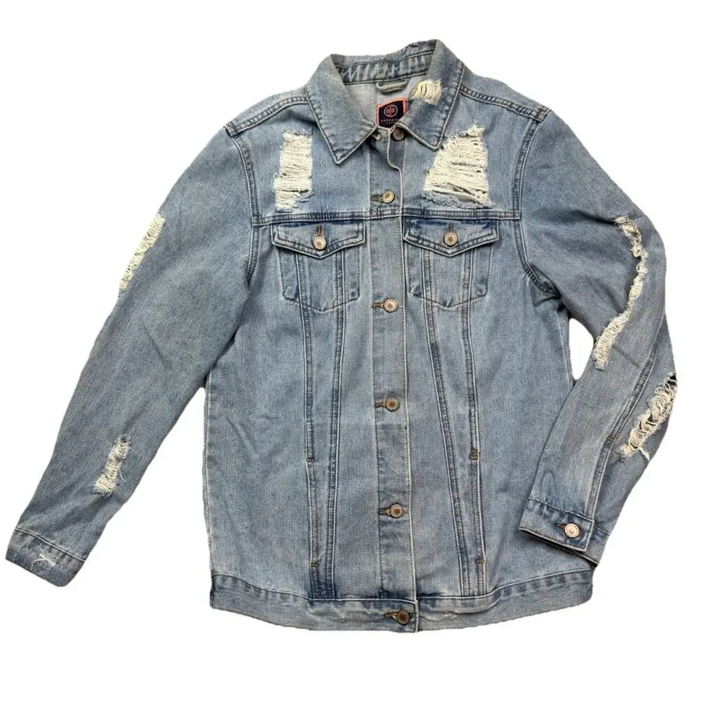 Boom Boom Jean Denim Jacket Distressed Size Medium‎ Western Rodeo Boho oversized